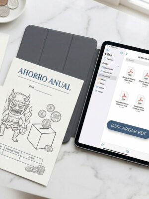 Retos vista frontal y presentación Retos de Ahorro con Yokais (Imprimible PDF)